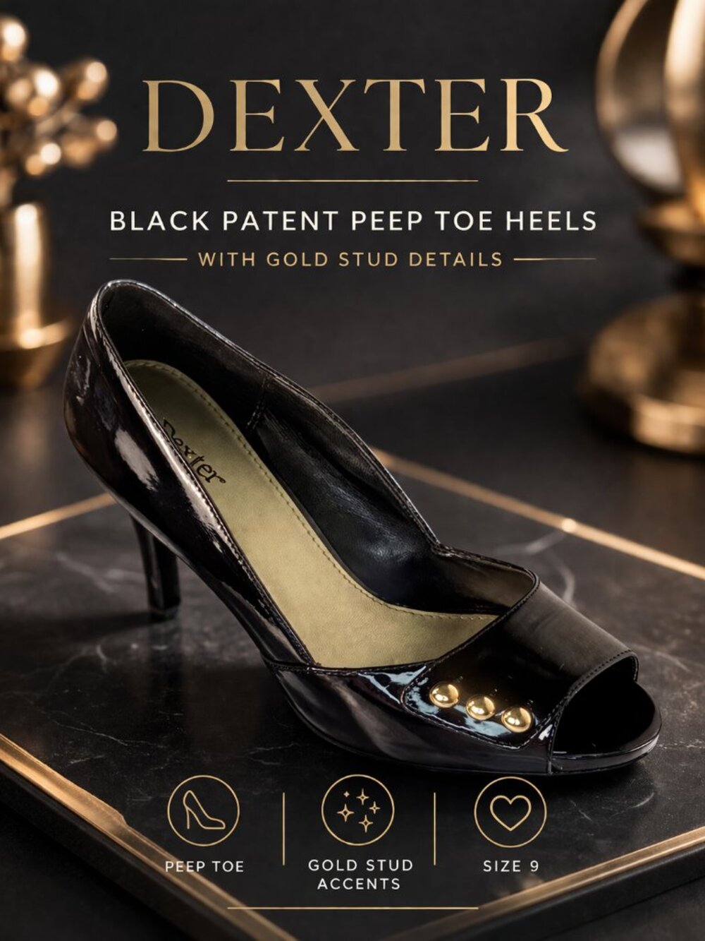 Dexter Black Patent Peep Toe Heels Gold  Tone Stud Detail Size 9